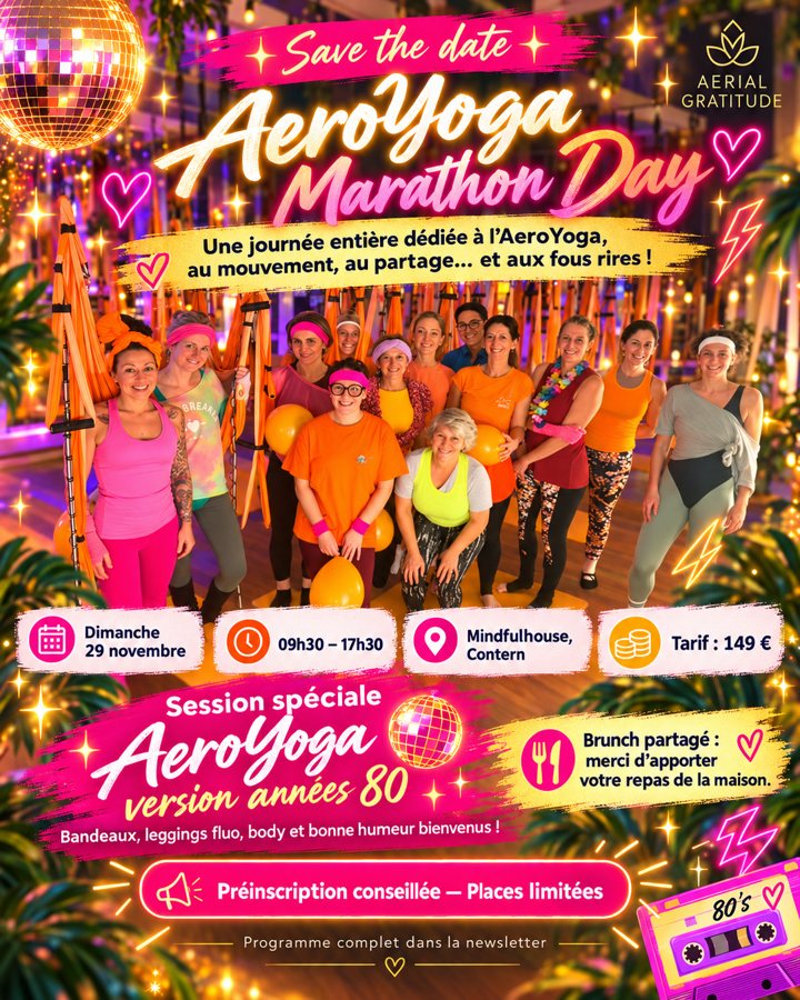 Marathon Day AeroYoga: um dia inteiro de yoga aéreo, versão anos 80